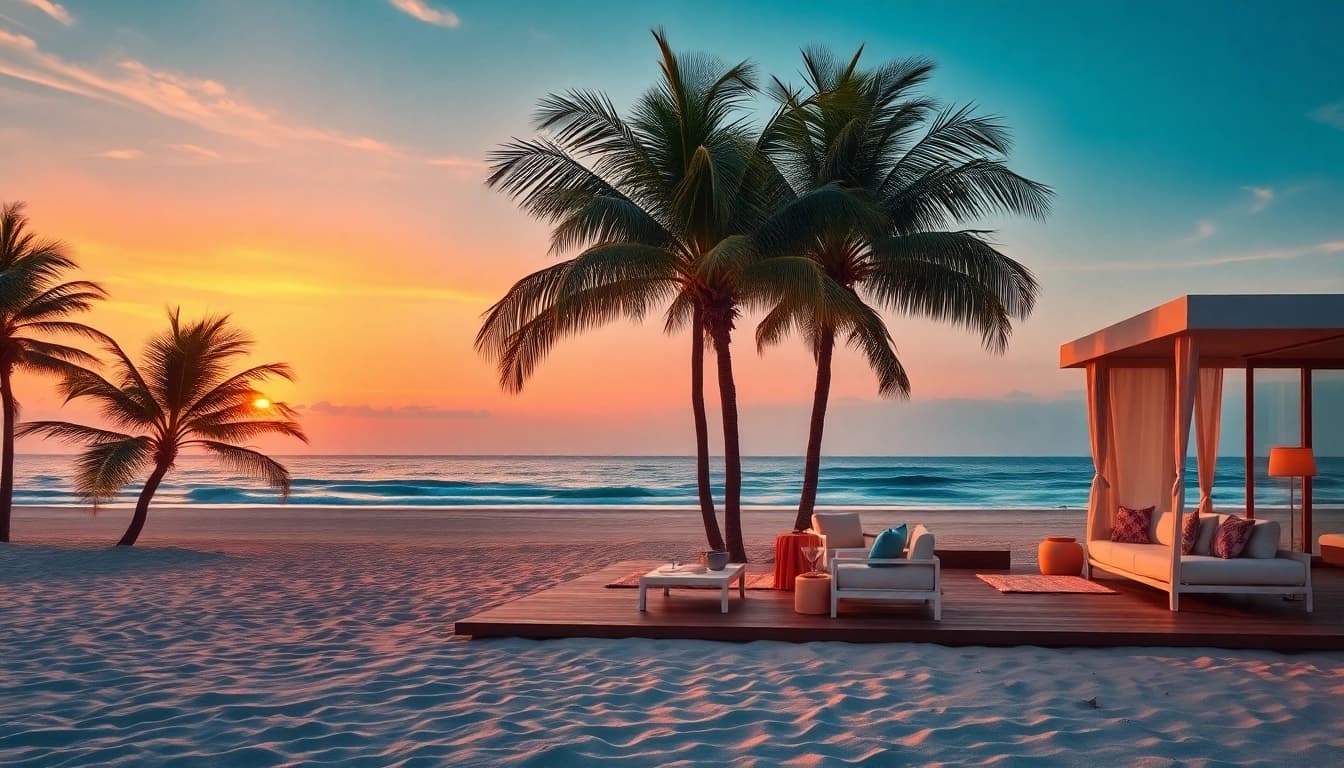 Coastal Cabana im Sonnenuntergang mit Palmen, Strandmöbeln und entspannter Atmosphäre.
