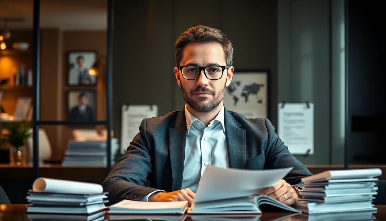 Headhunter Gastronomie in einem eleganten Büro, umgeben von Bewerbungsunterlagen für Gastronomie-Positionen.