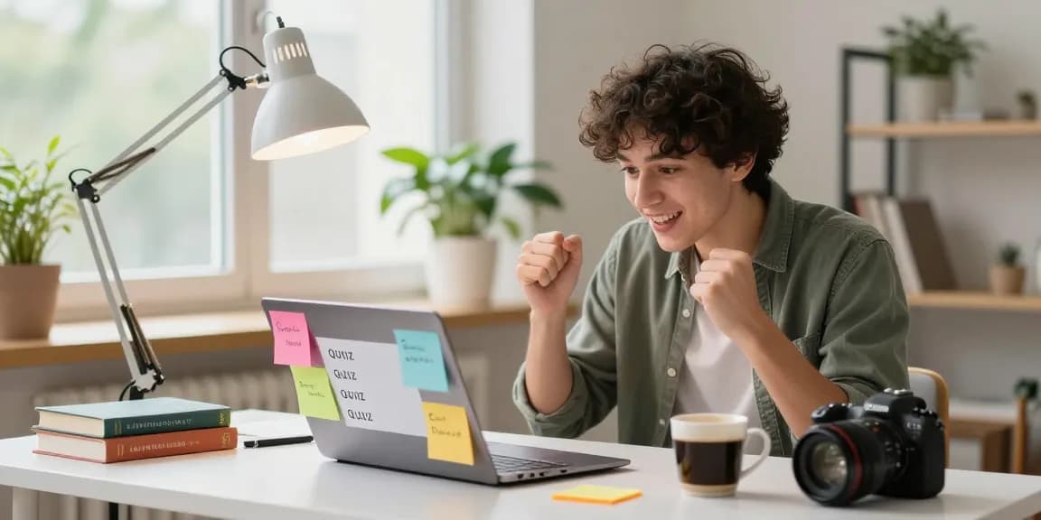 Engaging scene of an online quiz participant enjoying Quiz Allgemeinwissen in a cozy home office.