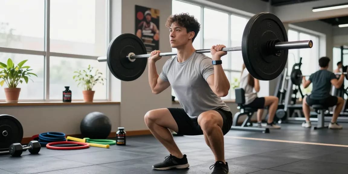 Sportliche Person trainiert mit Gewichten im Fitnessstudio und präsentiert Produkte von Steroidshop für verbesserte Leistung.