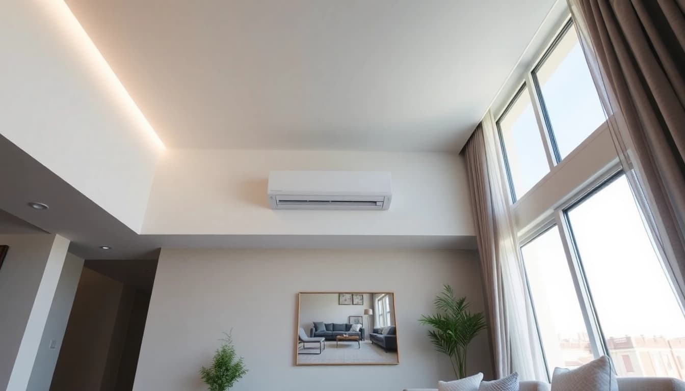 Klima kaufen: See our modern split air conditioning unit enhancing this stylish living room.