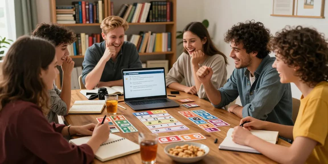 Freunde haben Spaß beim Quiz Allgemeinwissen in gemütlicher Umgebung.