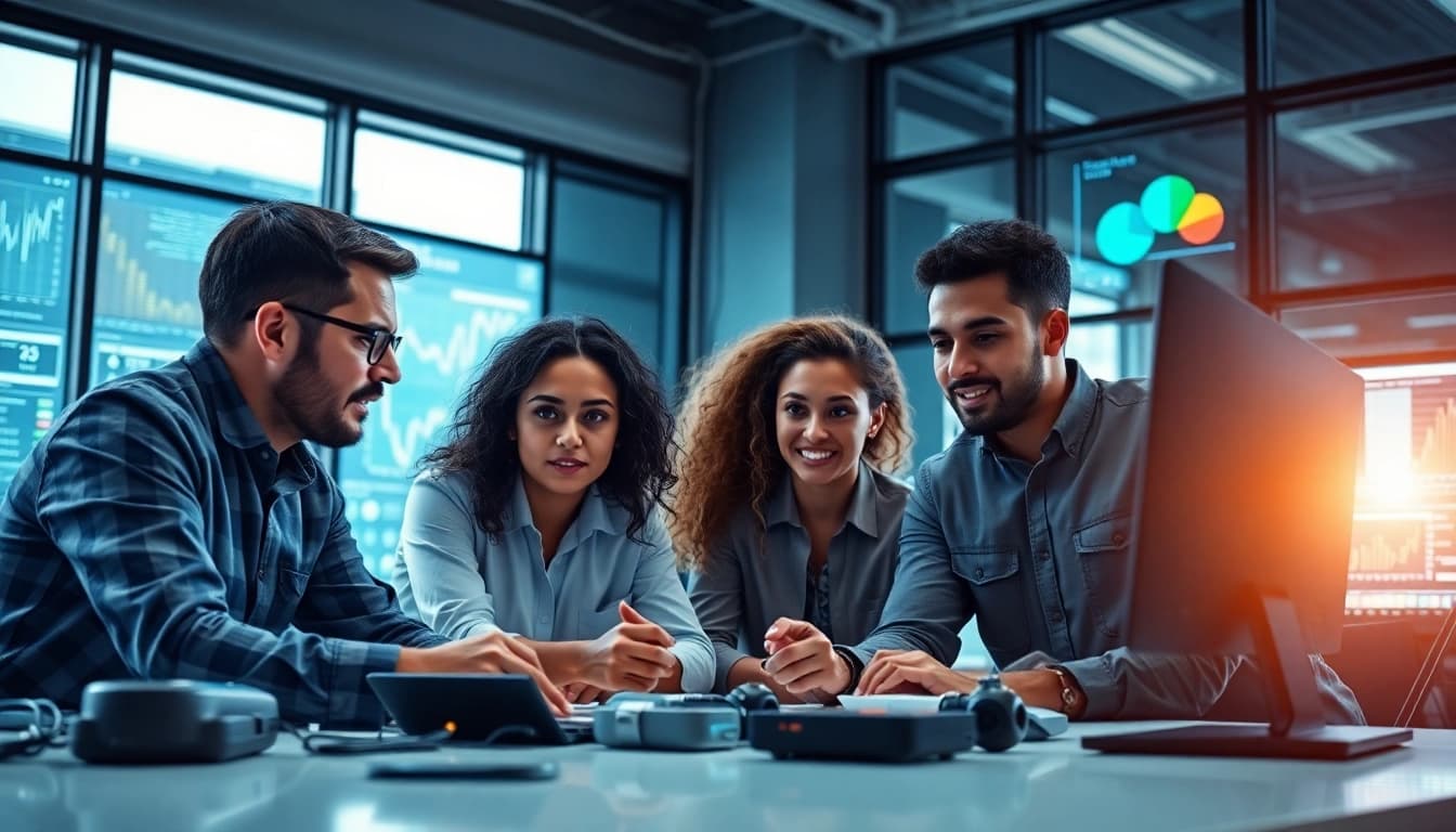 Technologie Projektteam arbeitet zusammen in einem modernen Büro.