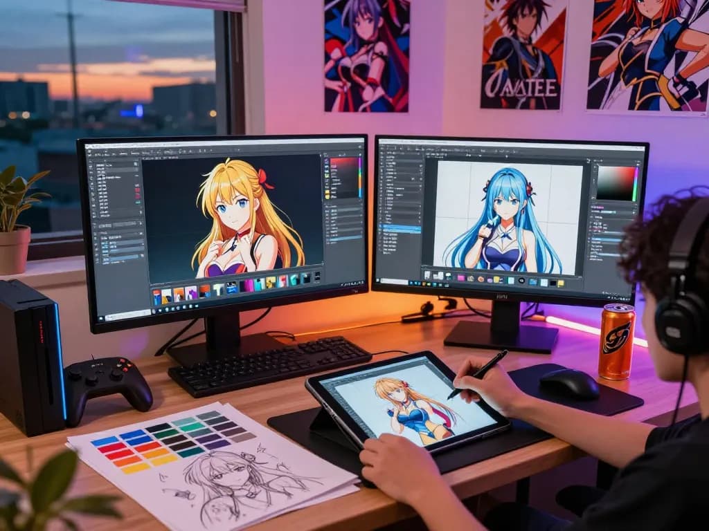 Creating engaging hentai ai chat character designs in a vibrant digital art studio.