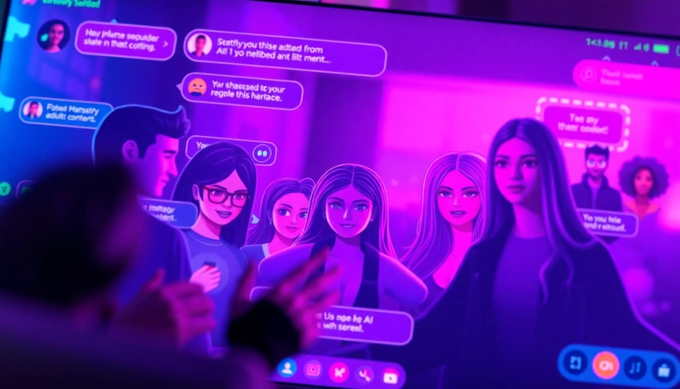 Porn AI chat interface featuring playful avatars and engaging dialogue bubbles in a vibrant, inviting style.