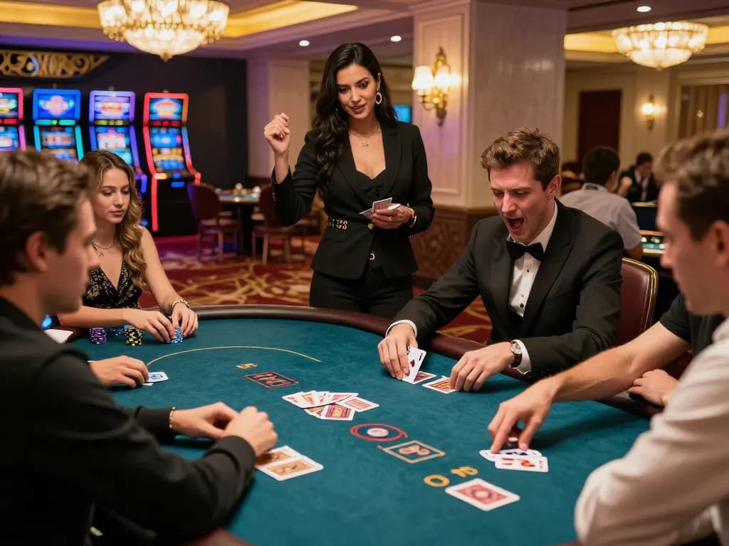 32win players celebrating a winning hand at a luxurious poker table in an upscale casino setting