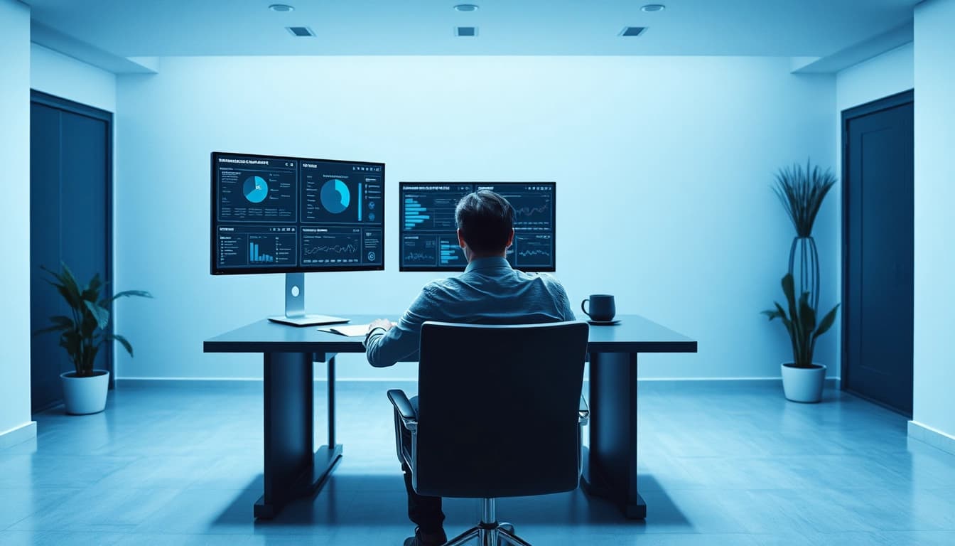Headhunter IT analysiert Bewerberprofile an einem modernen Schreibtisch.