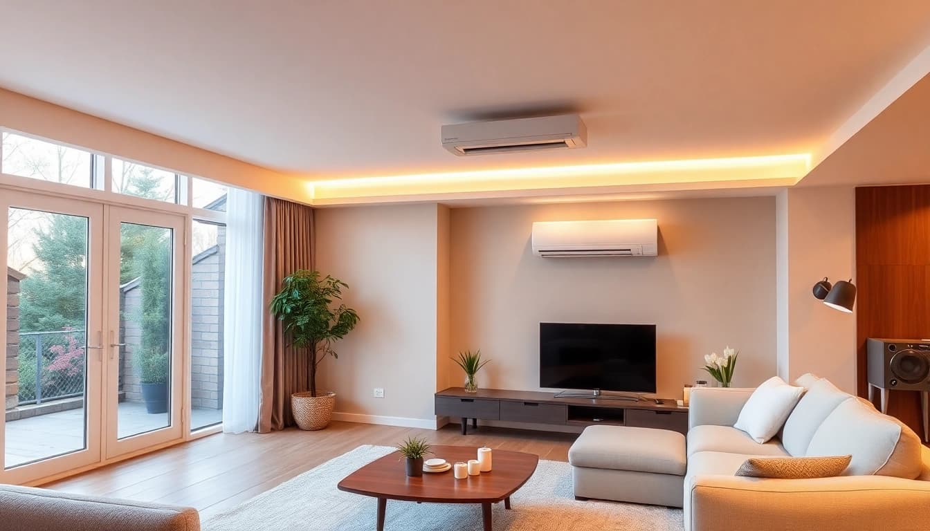 Klima kaufen: Hochwertige Split-Klimaanlage im modernen Wohnzimmer-Design für optimalen Komfort.