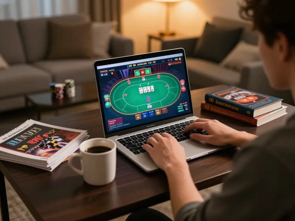 Engaging player using mk 8 online poker platform at stylish home desk with strategy notes.