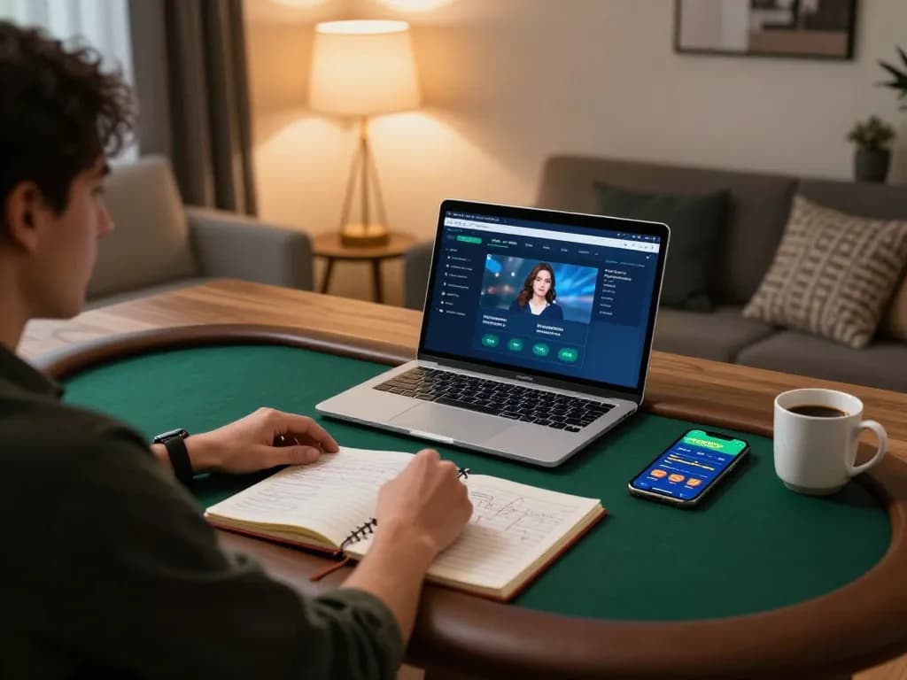 Engaging with the ai88bet online poker game on a stylish home setup, showcasing strategic gaming.