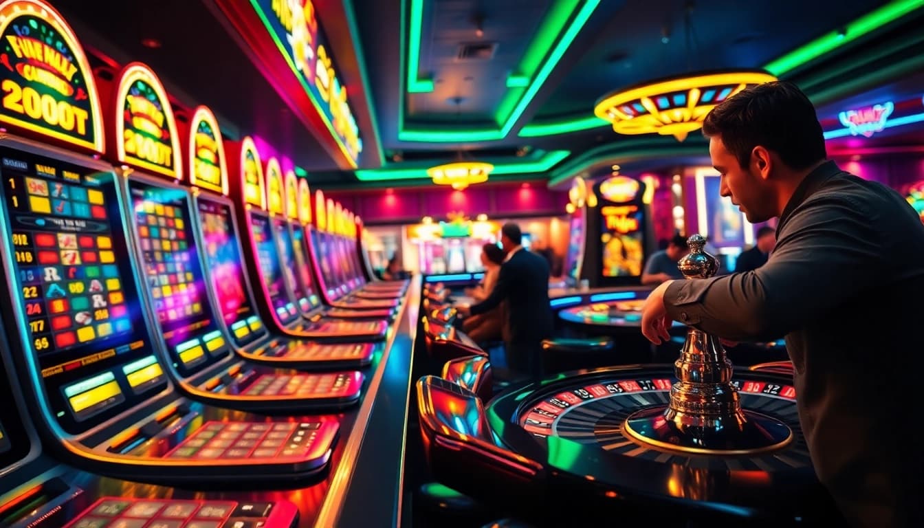 Die Atmosphäre von casinospielen.de mit lebhaften Slotmaschinen und Roulettetischen.