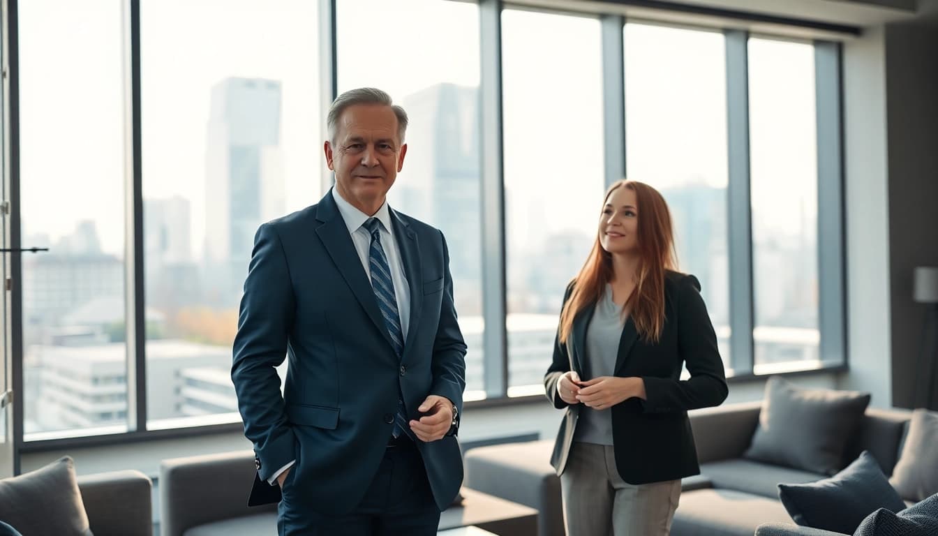 Immobilienmakler Frankfurt Dornbusch berät ein Paar im modernen Büro.