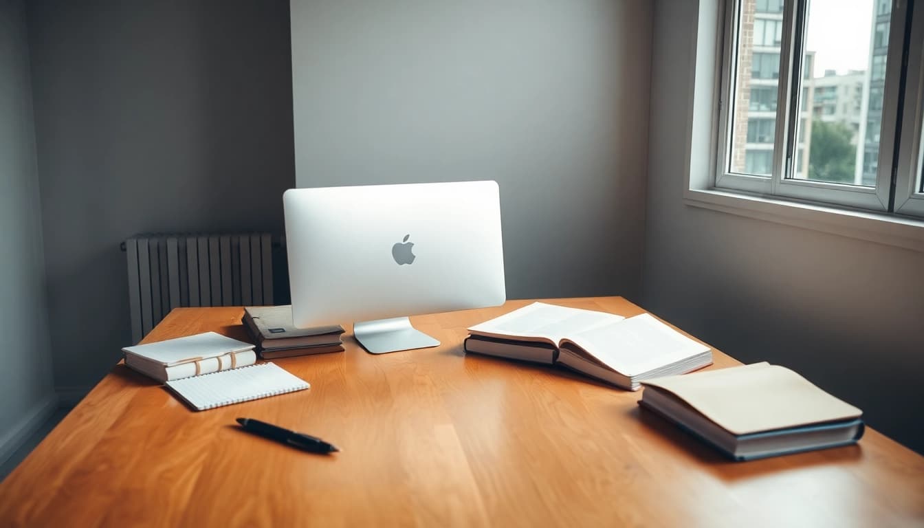 Office Mac ohne Abo auf einem eleganten Schreibtisch, umgeben von Notizbüchern und einem stylischen Stift.