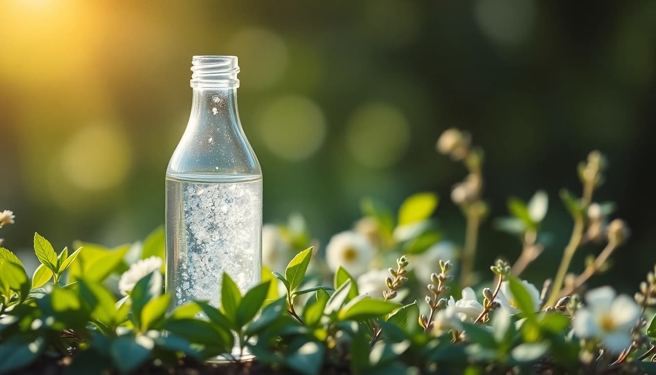Kolloidales Silber kaufen: Glowing silver liquid in a glass bottle surrounded by green leaves.