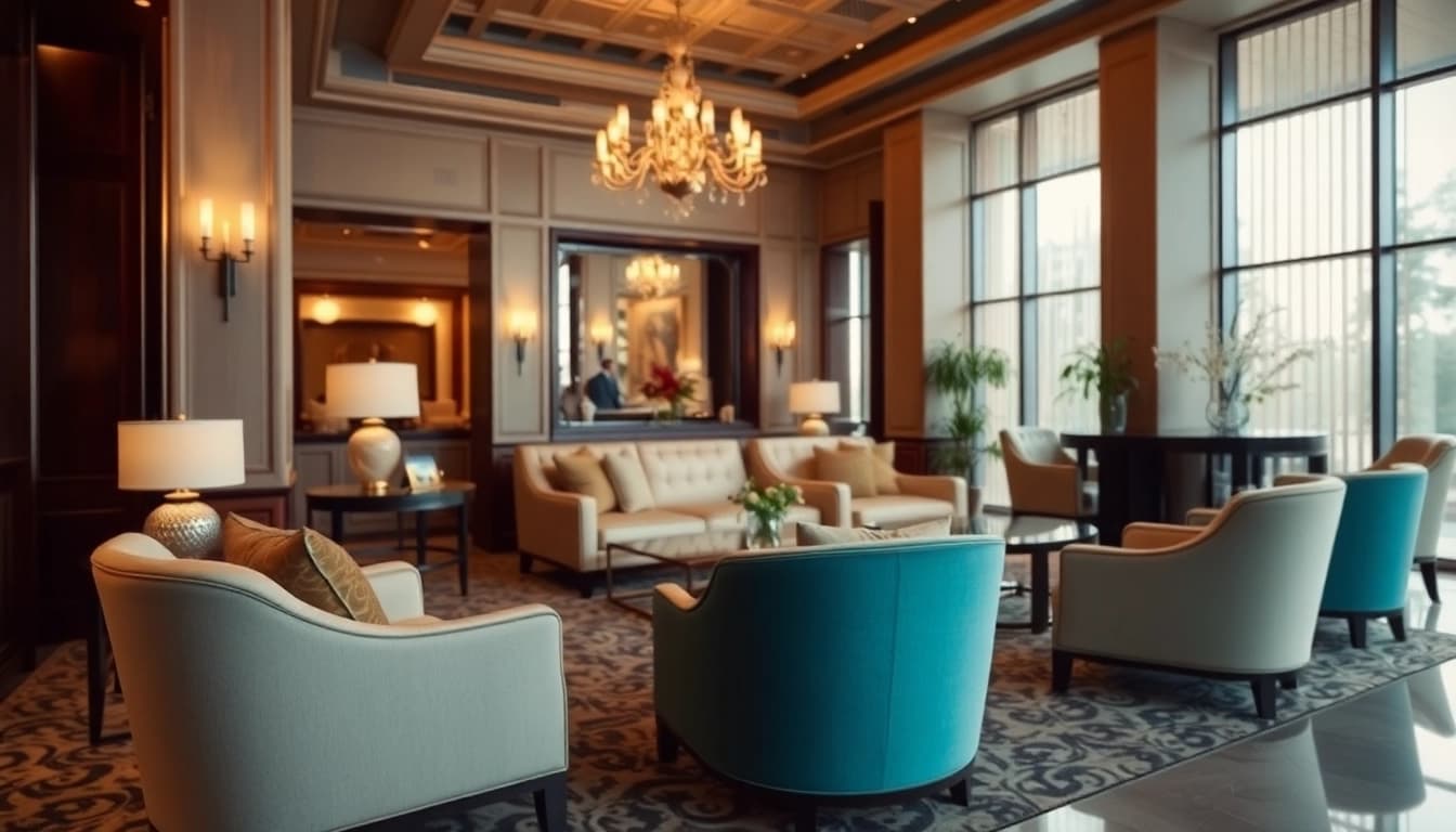 Experience luxury with an elegant interior design featuring plush furnishings and ambient lighting.