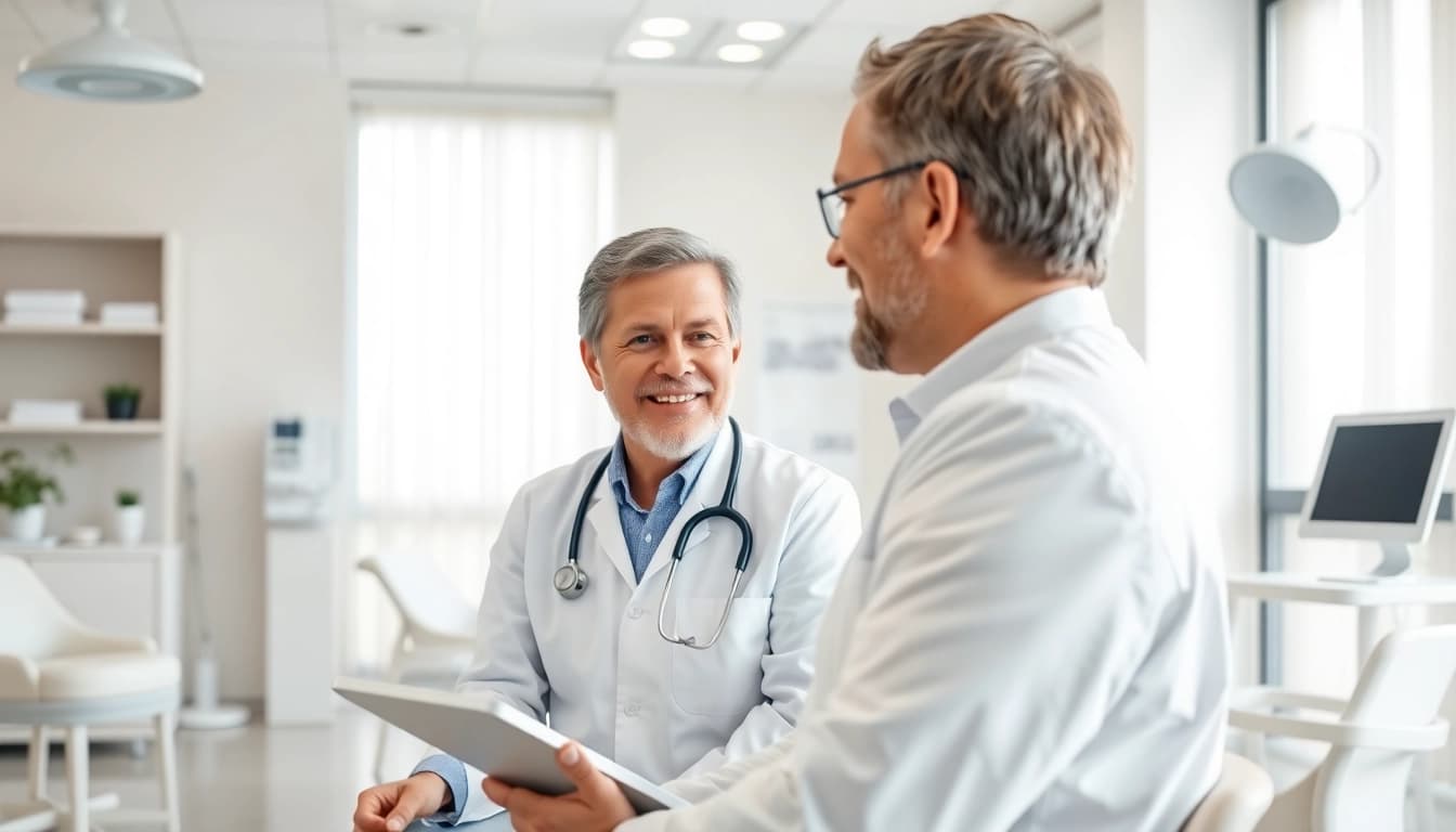 Praxisfotograf München erstellt ein warmes, vertrauensvolles Portrait eines Arztes mit einem Patienten.