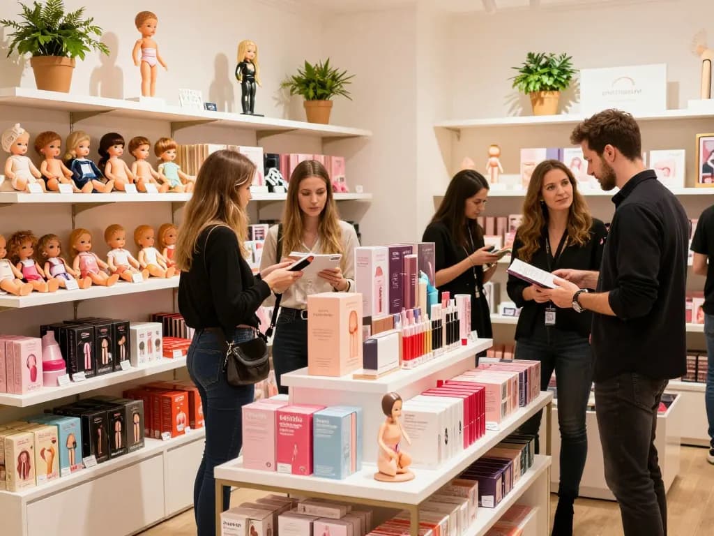 Sofort Lieferbar Produkte in einem eleganten Erwachsenen-Einzelhandelsgeschäft ausgestellt, ein einladendes Einkaufserlebnis mit aufmerksamem Kundenservice.
