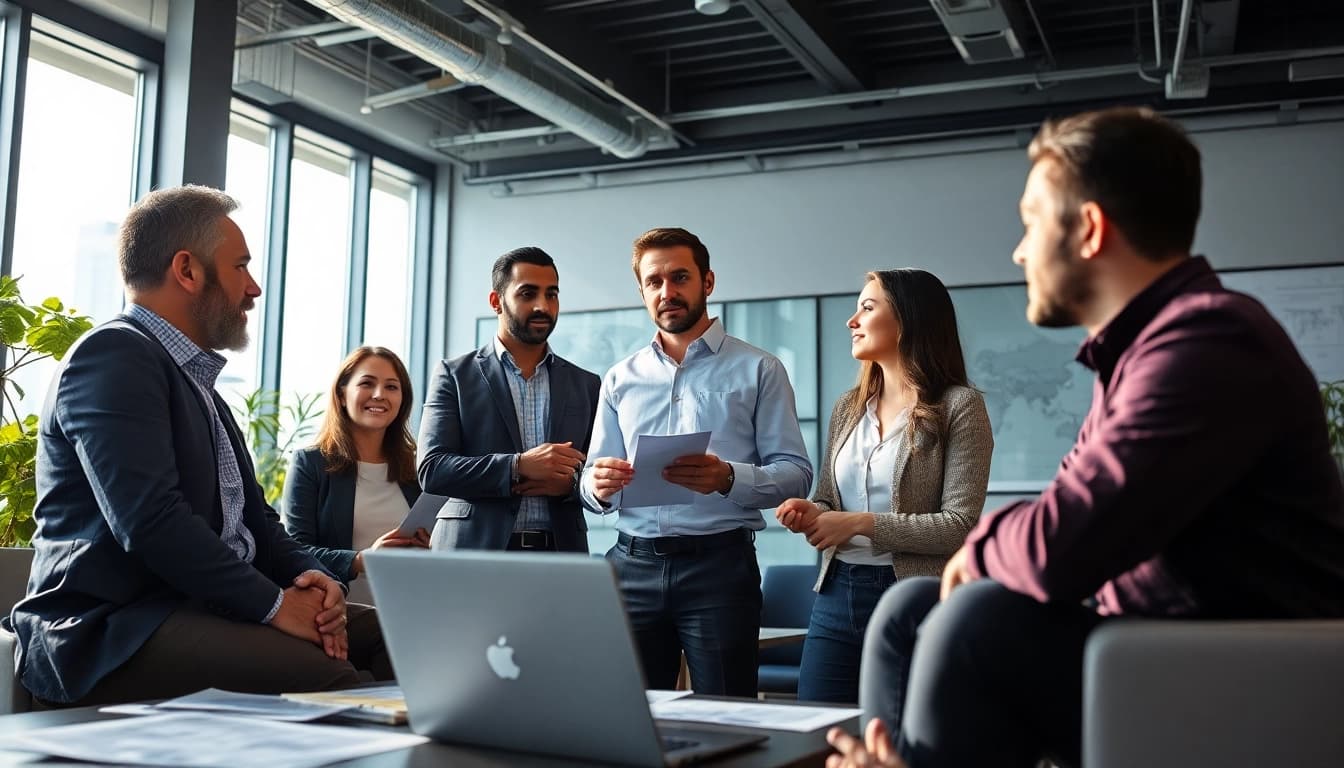 Headhunter Ingenieure beraten Ingenieure in einem modernen Büro mit heller Beleuchtung.