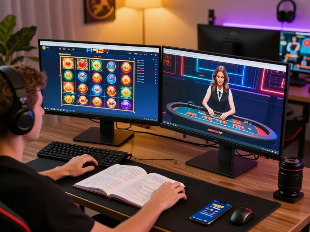 Engaged player exploring PH22's online casino slot games on dual monitor setup, focusing on gaming strategy.
