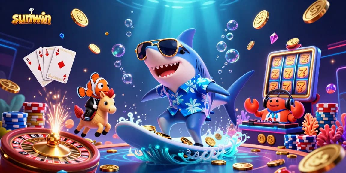 Sunwin showcases a vibrant 3D casino scene with a shark, clownfish, and crab amidst coins and cards.