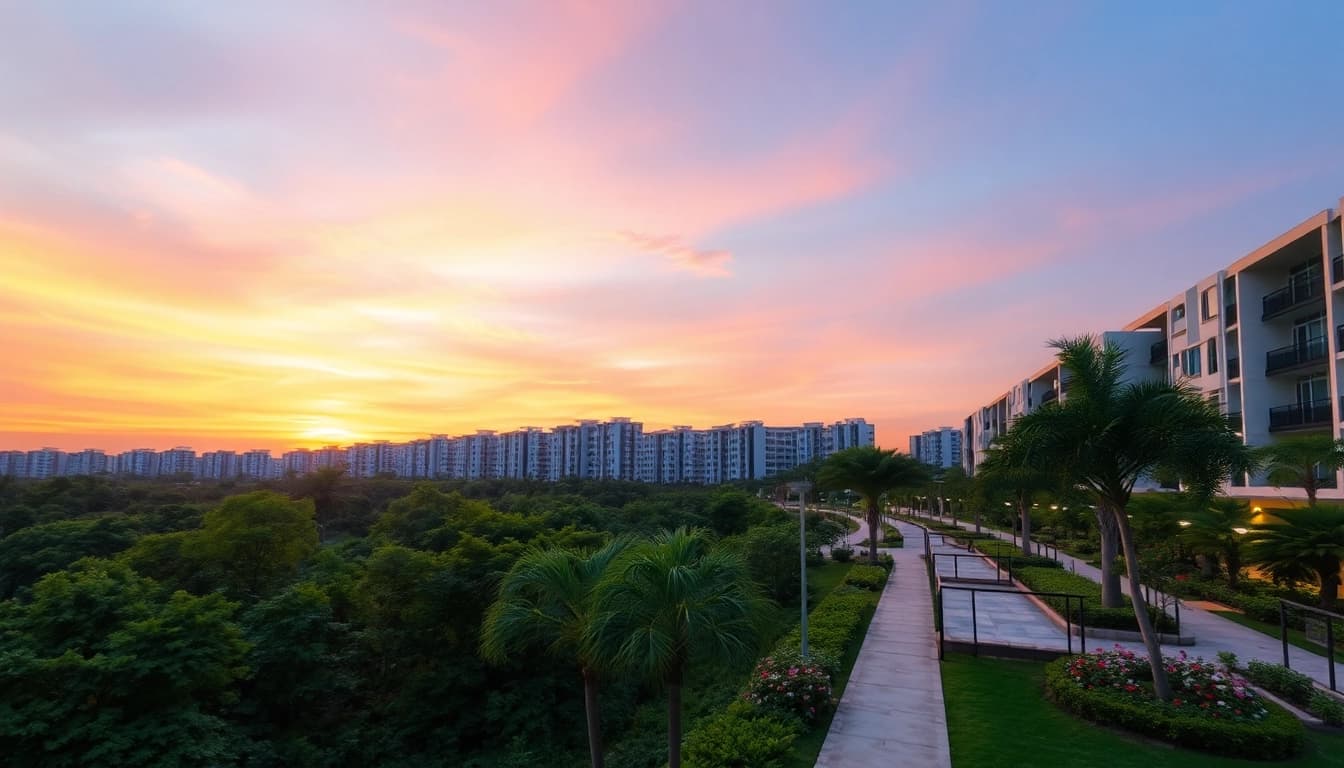 Explore the tranquil landscape of Tampines EC, featuring lush greenery and modern architecture.