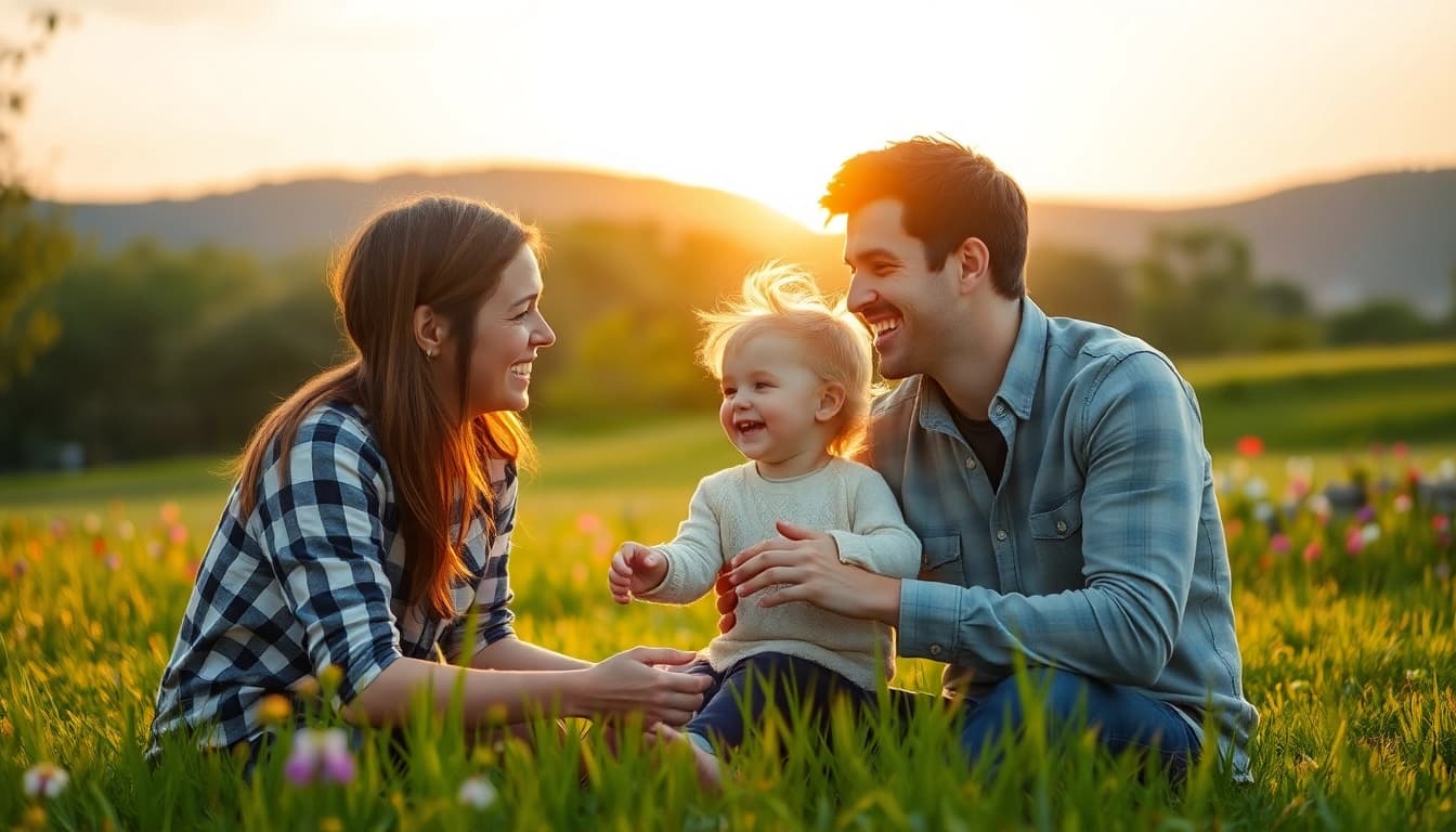 Kindererziehung durch gemeinsamen Spielspaß im Park mit Elternteil und Kind bei Sonnenuntergang.