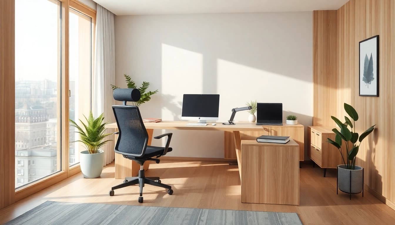 Modernes Büro mit ergonomischen Büromöbeln, das inspirierenden Arbeitsraum bietet.