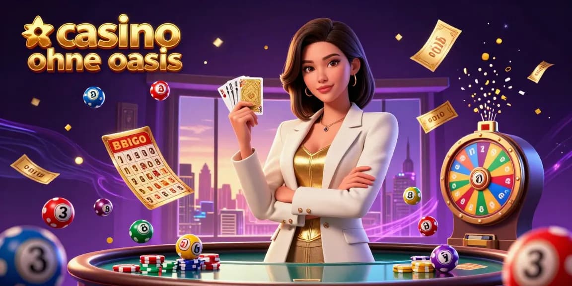 Experience exciting gaming at casino ohne oasis with an elegant businesswoman amidst dynamic lottery and casino elements.