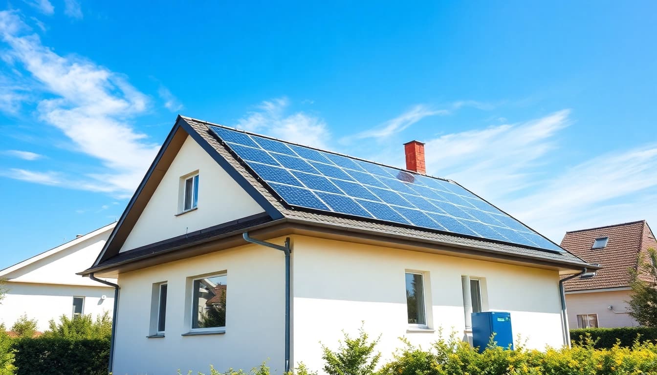 Entdecken Sie die Photovoltaikanlage kaufen Kosten mit einem modernen Haus, das mit Solarzellen ausgestattet ist, unter klarem Himmel.