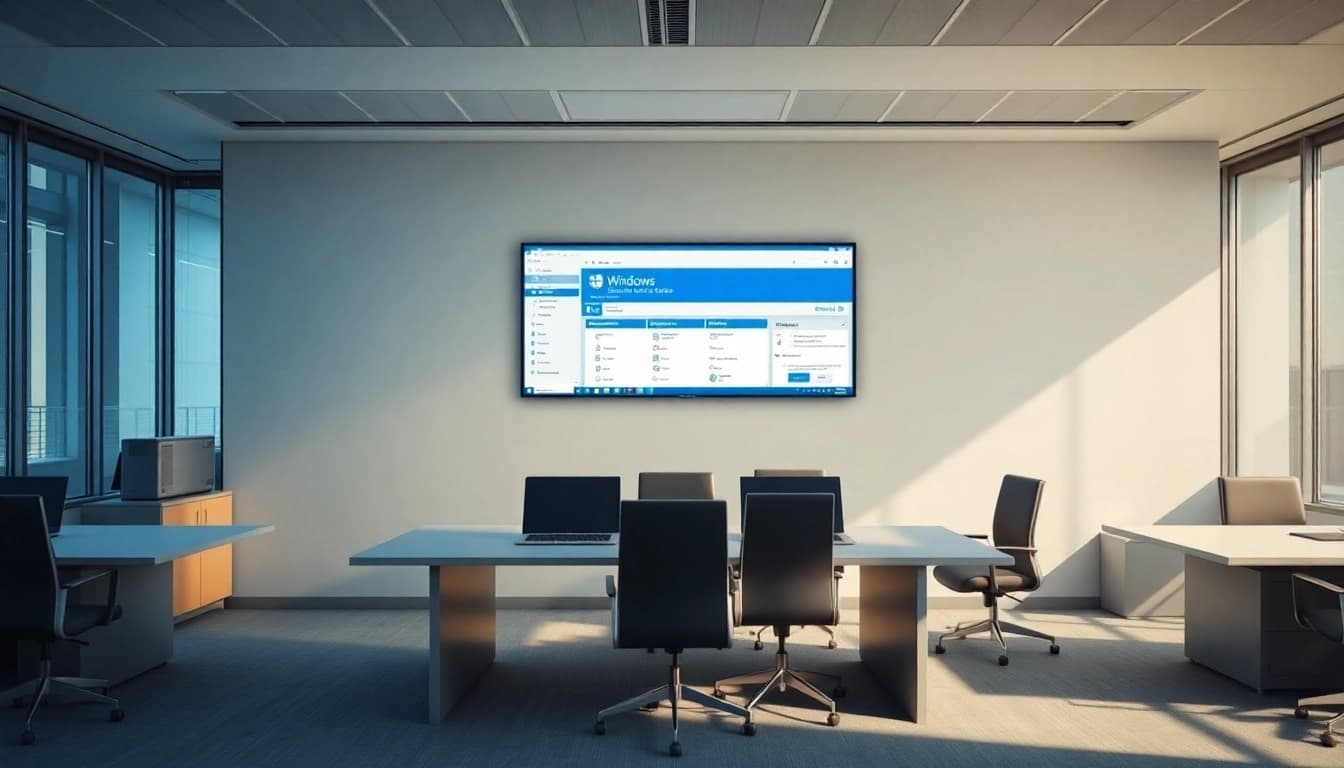 Windows Server sofort Download auf modernem Bildschirm in elegantem Büro mit Produktivitätsthema.