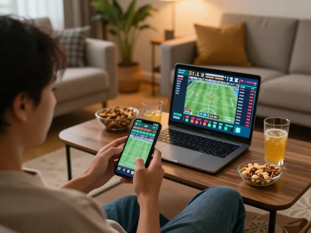 MB66 user placing bets on mobile device during exciting online sports betting session at home.