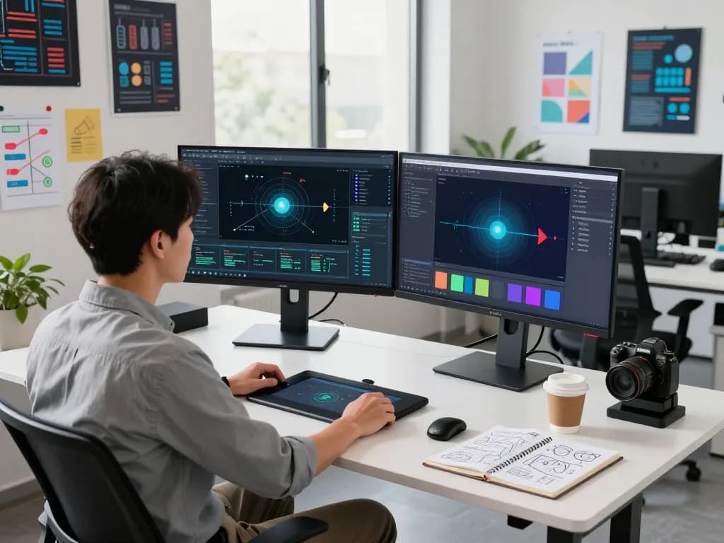 Developer using motion control ai technology in a modern workspace with dual monitors and tech gadgets.