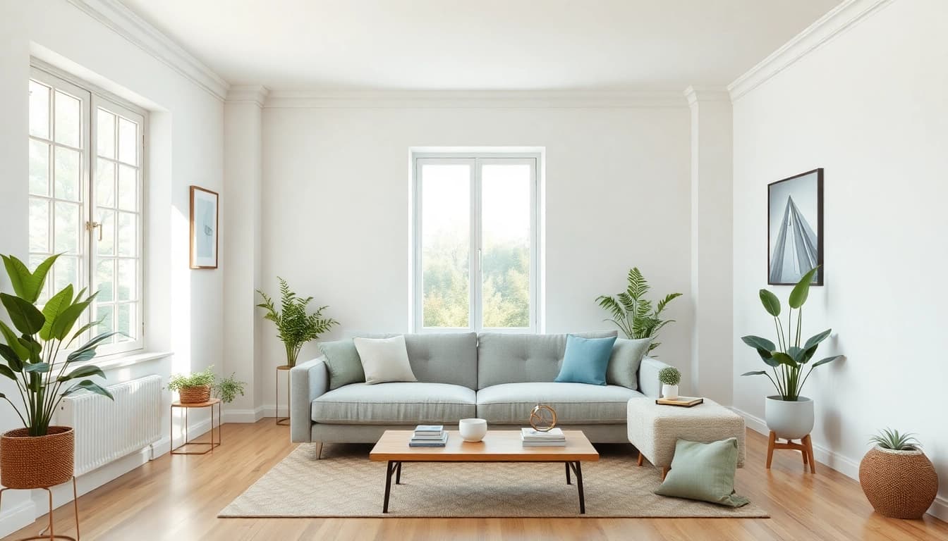 Raumgestaltung einer modernen und einladenden Wohnumgebung mit eleganten Möbeln und viel Licht.