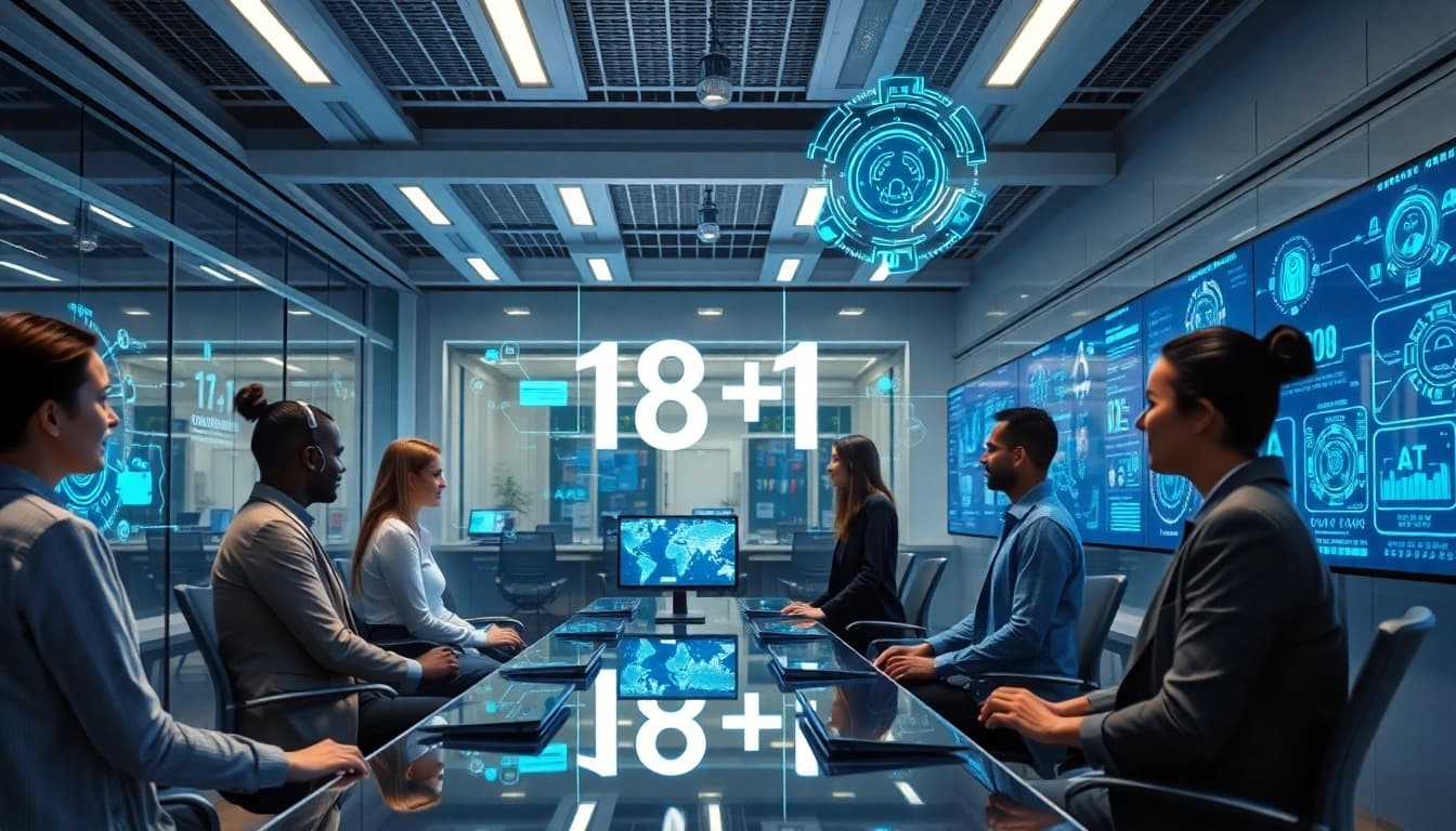 Futuristic digital workspace illustrating 18+ AI technology collaboration and innovation.