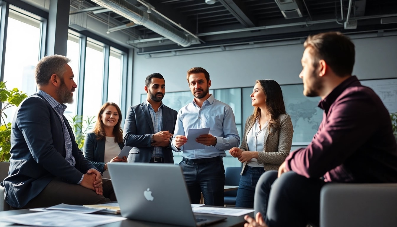 Headhunter Ingenieure beraten Ingenieure in einem modernen Büro mit heller Beleuchtung.
