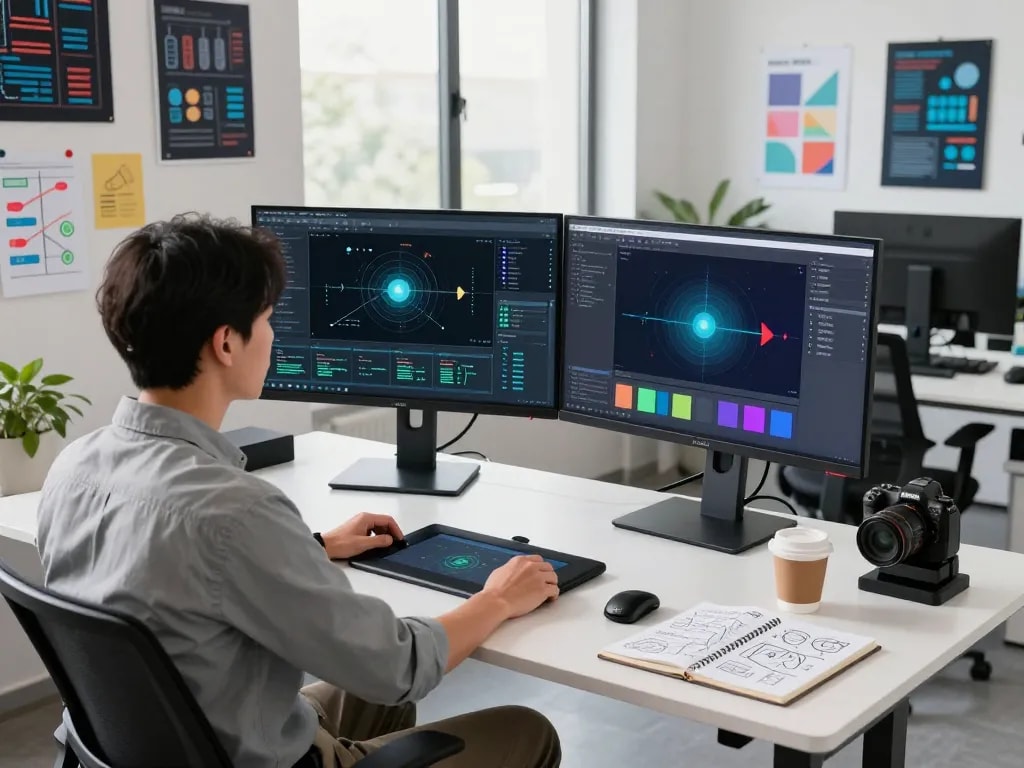 Developer using motion control ai technology in a modern workspace with dual monitors and tech gadgets.
