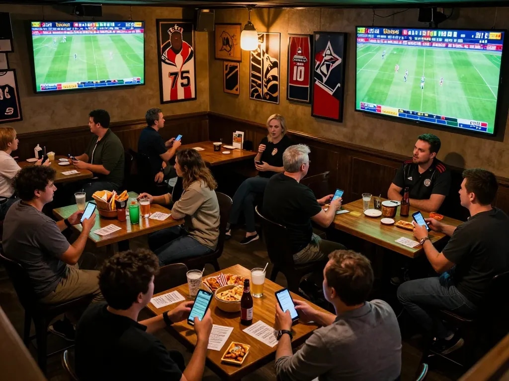 Soi kèo strategies in action as sports fans engage in live betting at a bustling sports bar.