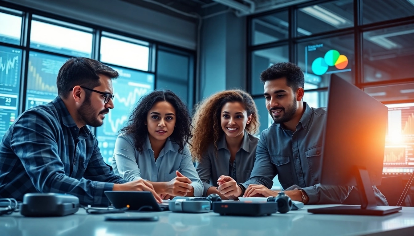 Technologie Projektteam arbeitet zusammen in einem modernen Büro.
