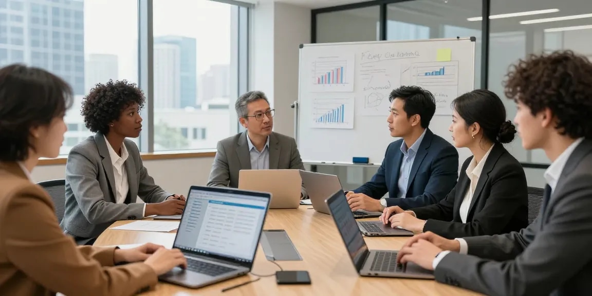 Führungsverhalten bewerten in einem modernen Büro, Teamdiskussion über Feedbackkultur und transparentes Leadership.