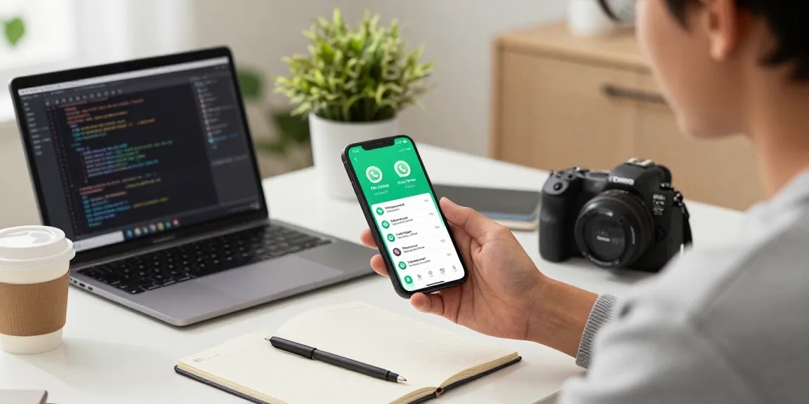 Engaged user exploring FM WhatsApp features on smartphone in modern workspace.