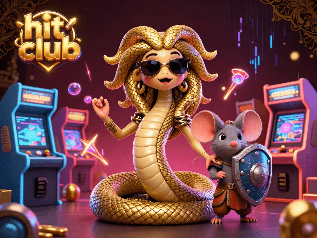 Engage in the thrilling world of hit club with friendly Medusa and game elements, showcasing exciting gambling fun.
