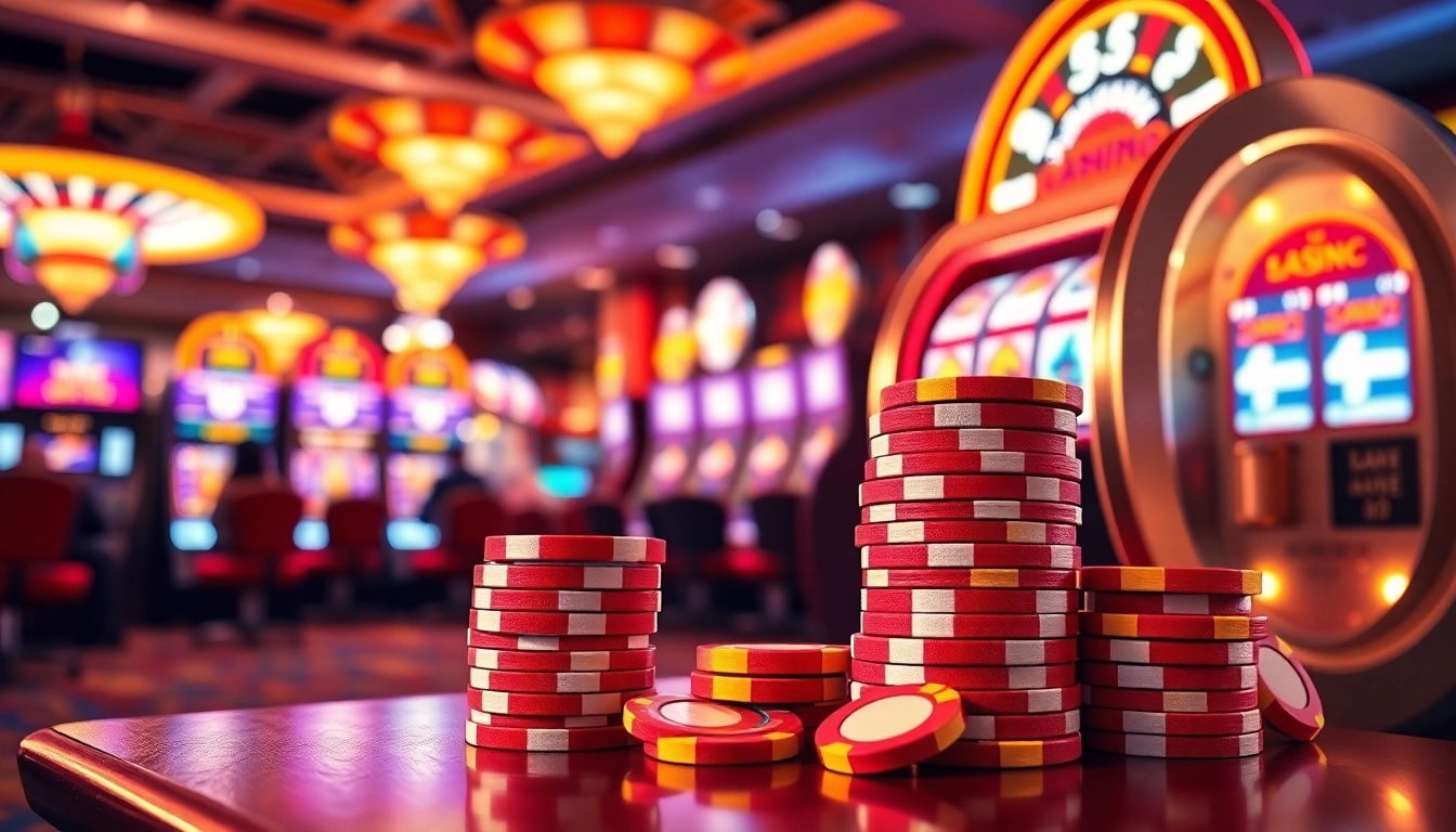 Discover various Casino Bonus options with colorful chips and a glowing slot machine.