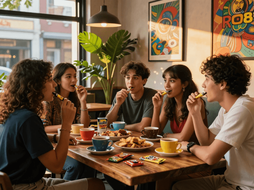 Friends enjoying rokok88 super at a lively urban café, creating a vibrant social atmosphere.