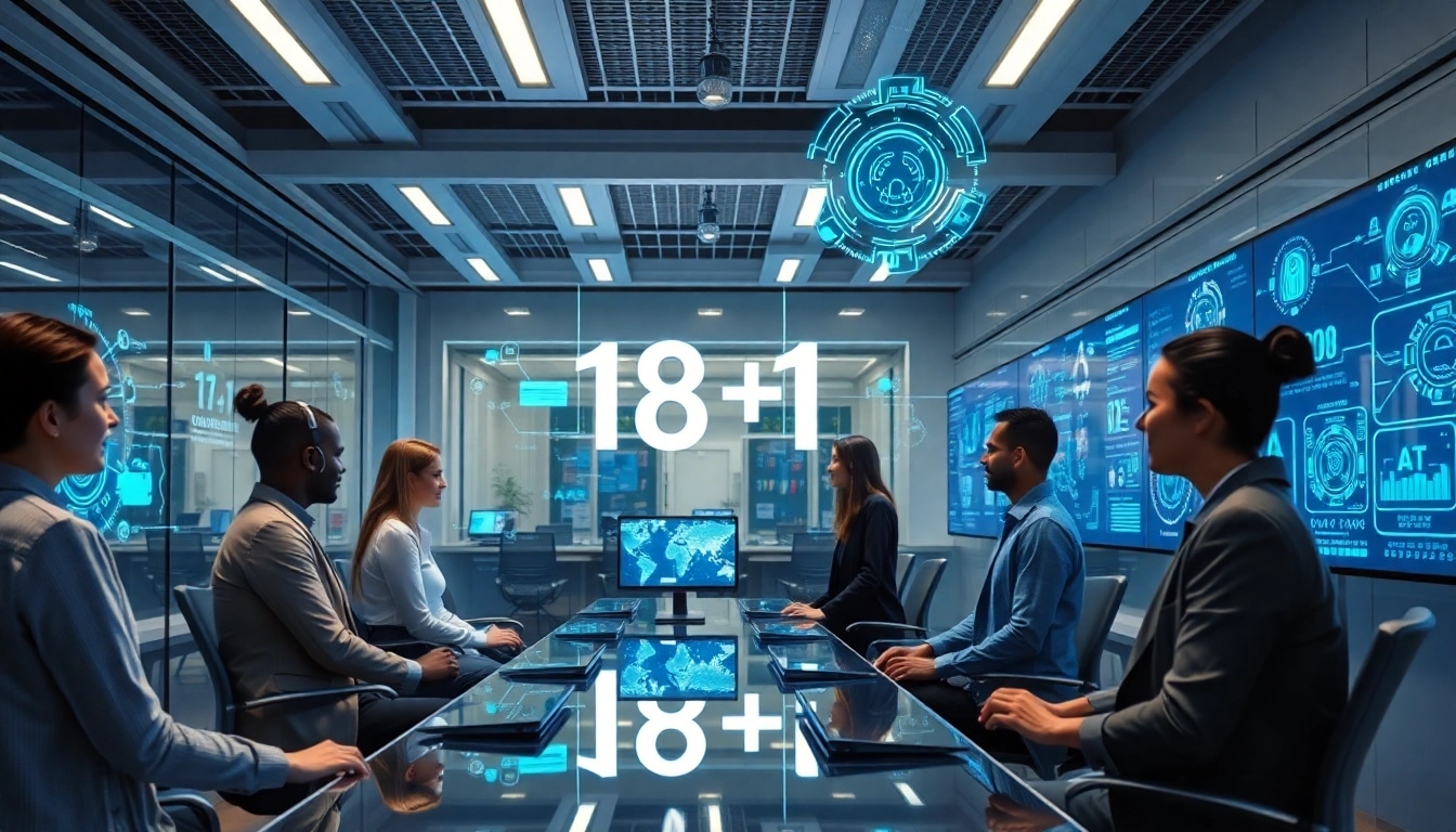 Futuristic digital workspace illustrating 18+ AI technology collaboration and innovation.