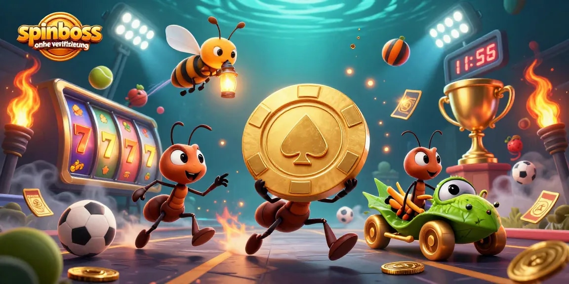 Das Bild zeigt den spinboss ohne Verifizierung, mit einer Gruppe von Cartoon-Ameisen, die einen goldenen Pokerchip transportieren, während sie von Sportbällen und Spielautomaten umgeben sind.