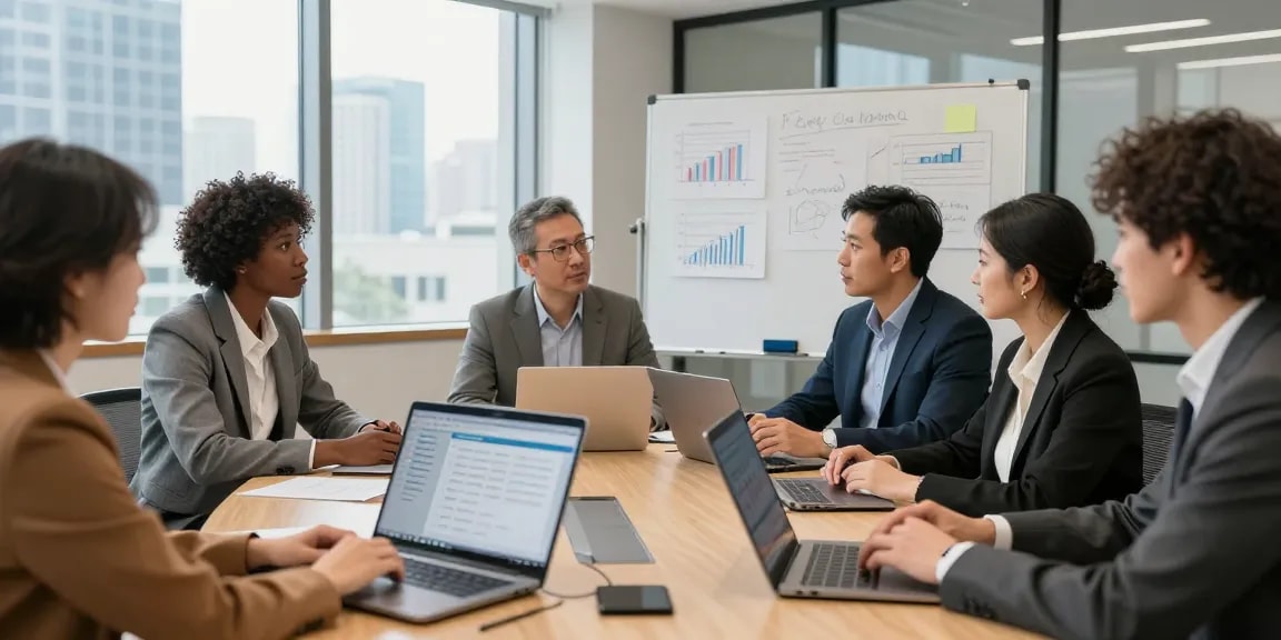 Führungsverhalten bewerten in einem modernen Büro, Teamdiskussion über Feedbackkultur und transparentes Leadership.