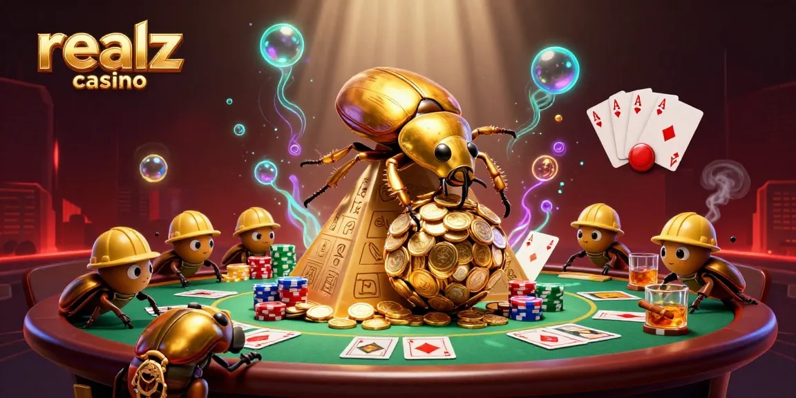 Experience thrilling gaming action at realz casino with vibrant 3D beetles and casino elements.
