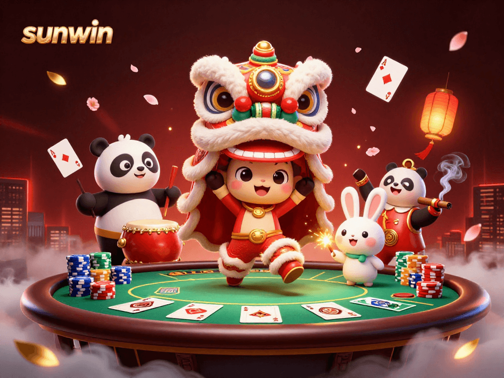 Experience excitement at sunwin casino with vibrant lion dance and interactive poker elements in this dynamic illustration.