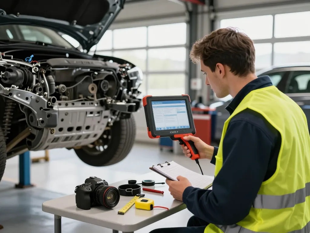 Kfz Gutachter Düren führt eine Fahrzeuginspektion in einer professionellen Garage durch und zeigt Fachwissen in der Schadensbewertung.