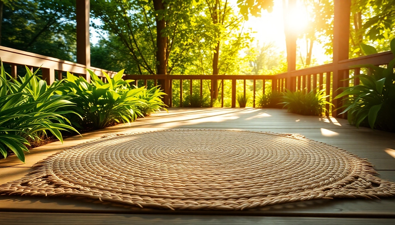 Hanfmatte auf einem sonnigen Holzpatio mit lebendigen Pflanzen im Hintergrund.